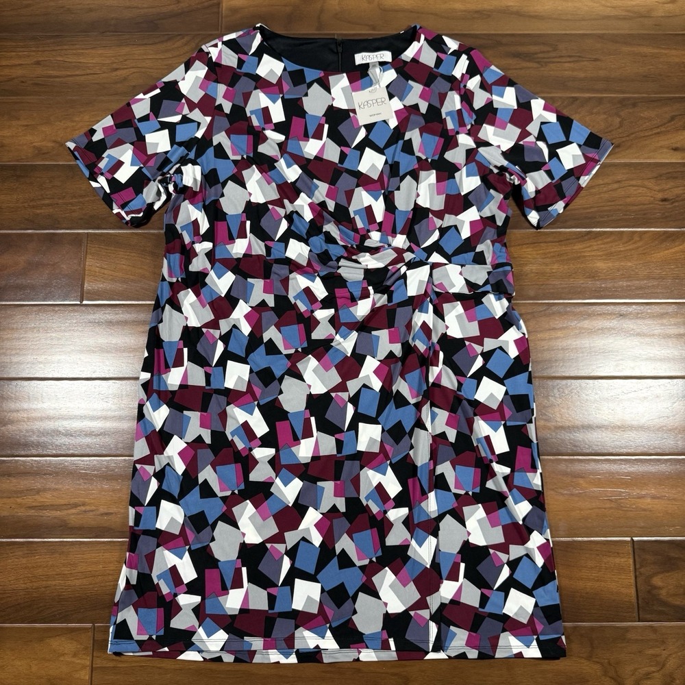 Kasper Women's Plus Size 24 W Black Cerise Geometric Patterned Pleat Front Dress